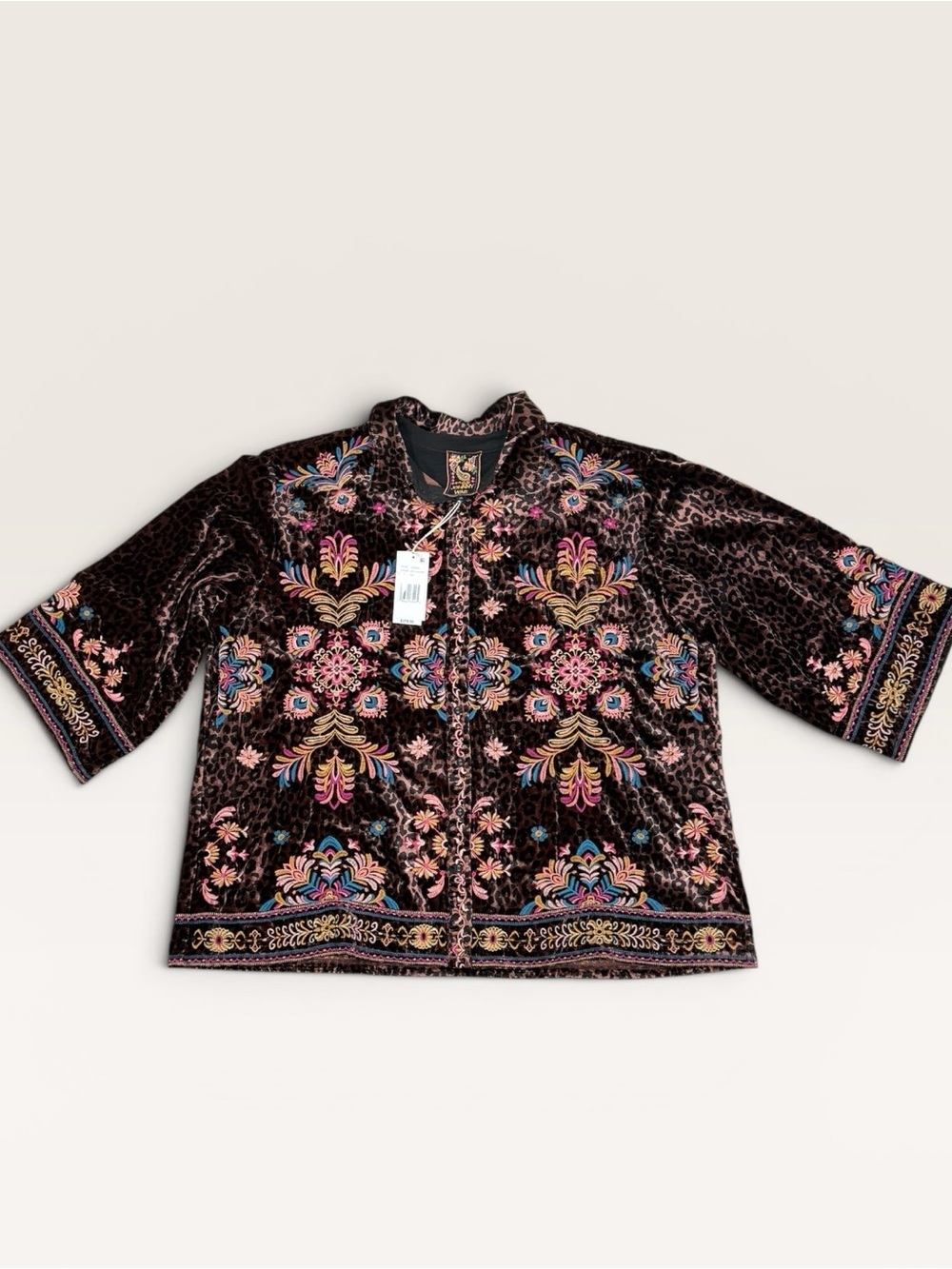 Johnny Was XXL Brandi Embroidered Kimono Sleeve Shirt Misty Leopard Velvet NWT - Picture 11 of 16